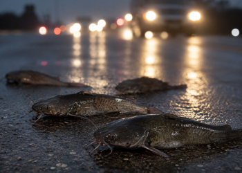 Close-up of several live catfish on wet pavement with blurred vehicle headlights in the background, representing an unusual freeway traffic hazard.