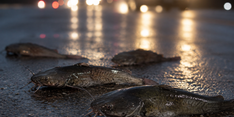 Close-up of several live catfish on wet pavement with blurred vehicle headlights in the background, representing an unusual freeway traffic hazard.