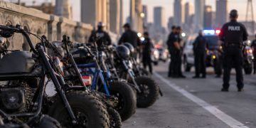 Close-up of several minibikes lined up on a downtown Los Angeles bridge with blurred police vehicles and officers in the background.