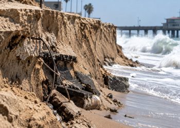 Close-up of severe beach erosion at Newport Beach, with a steep sand drop-off, exposed debris and large waves along the shoreline.