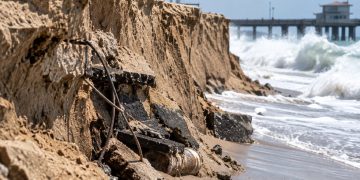 Close-up of severe beach erosion at Newport Beach, with a steep sand drop-off, exposed debris and large waves along the shoreline.