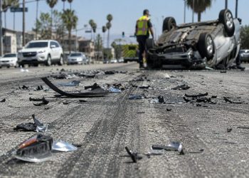 Close-up of shattered automotive debris and skid marks on a sunlit roadway, with an overturned vehicle and a blurred responder visible in the background.