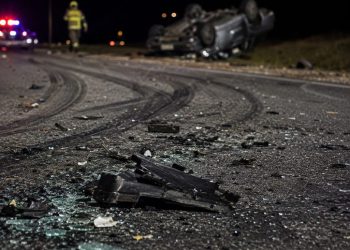 Close-up of shattered vehicle debris and heavy tire marks along a dark roadway, with a blurred overturned car and emergency responder in the background.