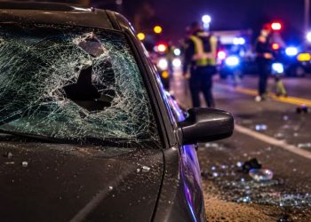 Close-up of shattered windshield glass and roadway debris beside a dark sedan, with blurred investigators and emergency lights in the background.