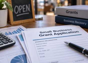 Close-up of small business documents and financial records illustrating LA County recovery grants after local emergencies.
