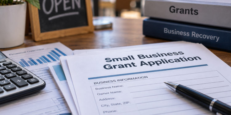 Close-up of small business documents and financial records illustrating LA County recovery grants after local emergencies.