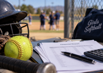 Close-up of softball equipment and financial records on a table, with a blurred youth baseball field in the background, illustrating an embezzlement investigation.