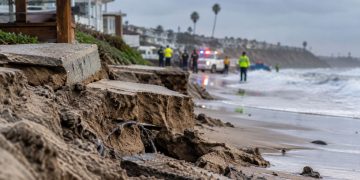Close-up of storm-damaged coastal sand and erosion near a Southern California beach, with blurred emergency activity in the background.