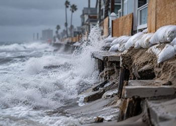 Close-up of storm waves striking an eroded Long Beach shoreline, with sandbags and coastal protection measures visible in the background.