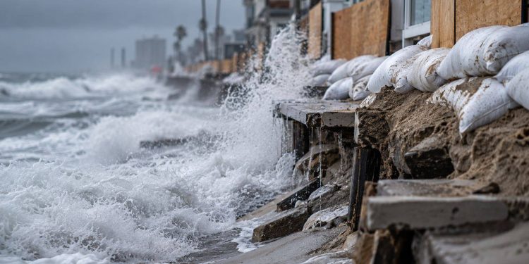 Close-up of storm waves striking an eroded Long Beach shoreline, with sandbags and coastal protection measures visible in the background.