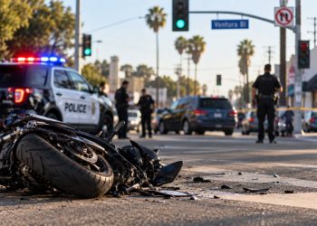 Daytime Studio City traffic collision scene with a damaged motorcycle in the foreground, police vehicles and officers blurred near the intersection.