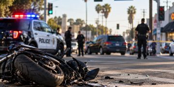 Daytime Studio City traffic collision scene with a damaged motorcycle in the foreground, police vehicles and officers blurred near the intersection.