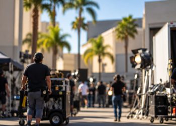 Film production crew working around lighting equipment and equipment carts on a studio backlot, illustrating Hollywood workforce concerns tied to a major merger.
