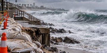 Large waves approaching the Long Beach Peninsula under overcast skies, with a damaged coastal barrier and emergency preparations visible near the shoreline.