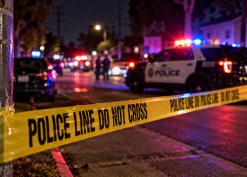 Long Beach police investigation scene at night near a residential street, with patrol vehicles and emergency lights blurred in the background.