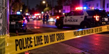 Long Beach police investigation scene at night near a residential street, with patrol vehicles and emergency lights blurred in the background.