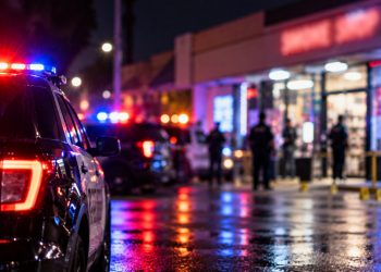 Nighttime police response outside a Bellflower smoke shop, with patrol vehicles, emergency lights and the storefront heavily blurred in the background.