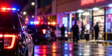 Nighttime police response outside a Bellflower smoke shop, with patrol vehicles, emergency lights and the storefront heavily blurred in the background.