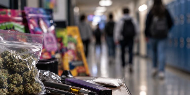 Close-up of assorted colorful drug packages and vaping devices on a table, with a heavily blurred school hallway and students in the background, illustrating an alleged narcotics operation targeting young students in Ventura County.