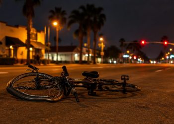 A damaged bicycle lying on its side in a lane of a wide suburban street in Montclair at night under street lamps, low stucco buildings behind.