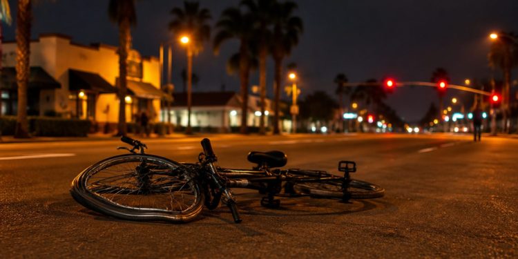 A damaged bicycle lying on its side in a lane of a wide suburban street in Montclair at night under street lamps, low stucco buildings behind.