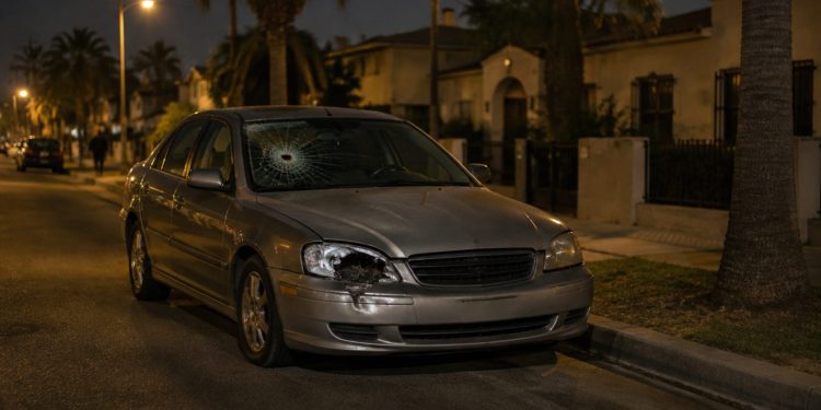 A parked sedan with a cracked windshield and broken headlight on a residential street of stucco homes and palm trees in Westmont at night.