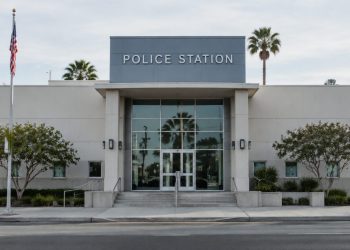 A police station building in Van Nuys in neutral daylight, its institutional facade sharp and centered, palm trees and neighborhood buildings blurred behind.