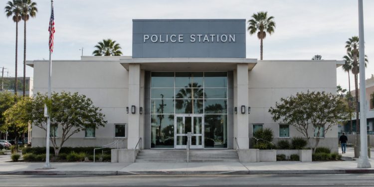A police station building in Van Nuys in neutral daylight, its institutional facade sharp and centered, palm trees and neighborhood buildings blurred behind.