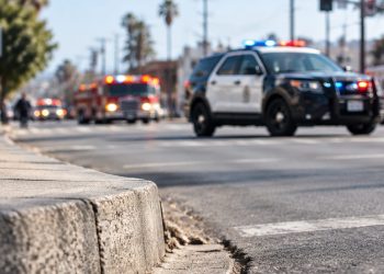 A rough concrete curb in sharp focus at Venice Boulevard and Catalina Street in Pico-Union, with a patrol SUV's lights flashing in the blurred background.