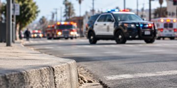 A rough concrete curb in sharp focus at Venice Boulevard and Catalina Street in Pico-Union, with a patrol SUV's lights flashing in the blurred background.
