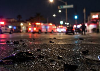 Broken glass and debris scattered on dark pavement at night on Avalon Boulevard in Florence, illustrating the aftermath of a hit-and-run collision.