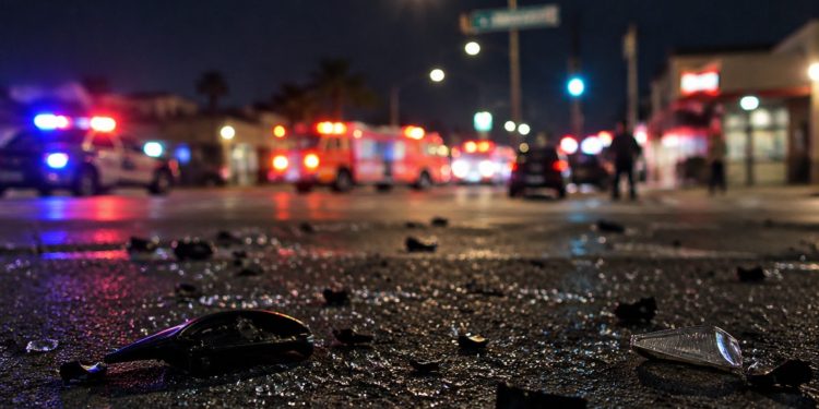 Broken glass and debris scattered on dark pavement at night on Avalon Boulevard in Florence, illustrating the aftermath of a hit-and-run collision.