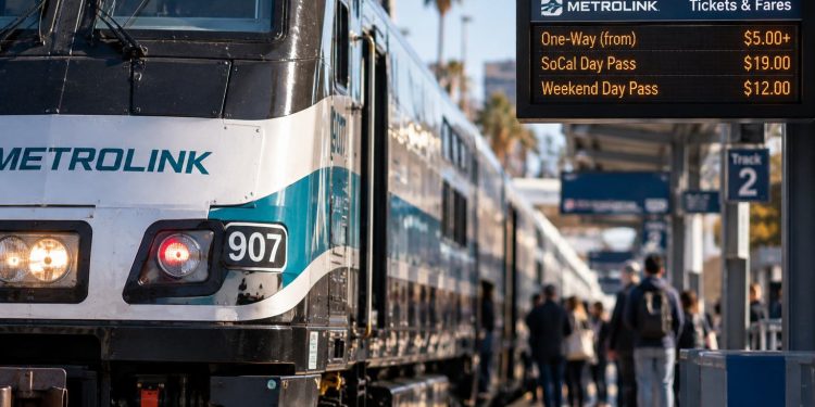 Close-up of a Metrolink train at a Southern California station, with a digital fare display and waiting passengers softly blurred in the background.