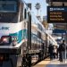Close-up of a Metrolink train at a Southern California station, with a digital fare display and waiting passengers softly blurred in the background.