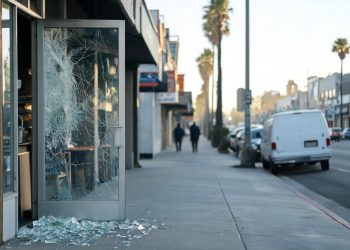 Close-up of a cafe glass door with shattered glass on the sidewalk in early-morning light, with a blurred Los Angeles street behind it.