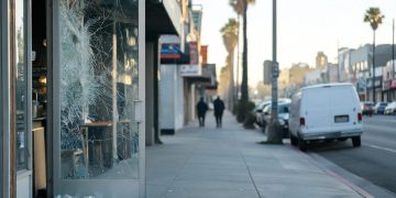 Close-up of a cafe glass door with shattered glass on the sidewalk in early-morning light, with a blurred Los Angeles street behind it.