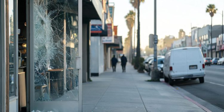 Close-up of a cafe glass door with shattered glass on the sidewalk in early-morning light, with a blurred Los Angeles street behind it.