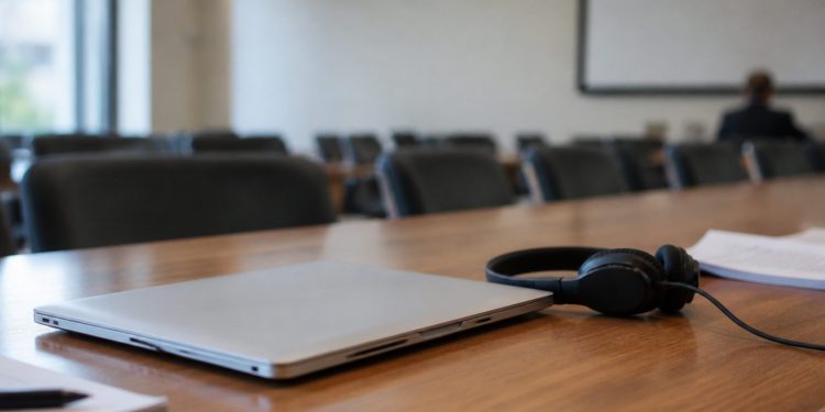 Close-up of a closed laptop, a headset and papers with illegible text on a conference table, illustrating the Los Angeles homeless services meeting.