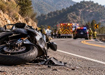 Close-up of a damaged motorcycle on Angeles Crest Highway, with mountain curves, emergency vehicles and rescue activity softly blurred in the background.