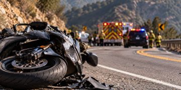 Close-up of a damaged motorcycle on Angeles Crest Highway, with mountain curves, emergency vehicles and rescue activity softly blurred in the background.