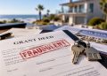 Close-up of a forged property deed and house keys on a table, with a blurred coastal home and real estate documents in the background.