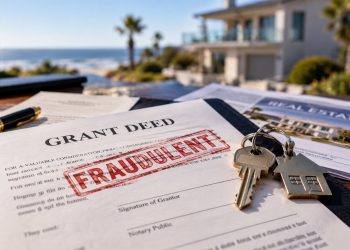 Close-up of a forged property deed and house keys on a table, with a blurred coastal home and real estate documents in the background.
