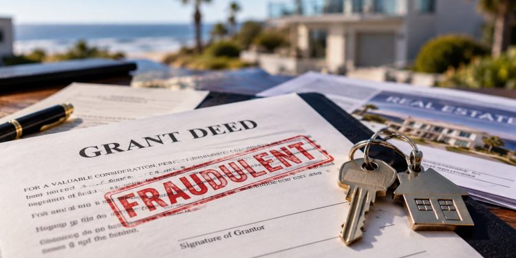 Close-up of a forged property deed and house keys on a table, with a blurred coastal home and real estate documents in the background.