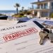 Close-up of a forged property deed and house keys on a table, with a blurred coastal home and real estate documents in the background.