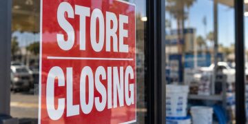 Close-up of a red “STORE CLOSING” sign taped to a retail storefront window, with pool supply products and the parking lot softly blurred in the background.