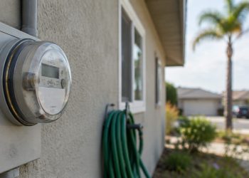 Close-up of a residential electric meter on a stucco wall of a single-story Los Angeles home, with a garden hose and palm tree softly blurred behind.