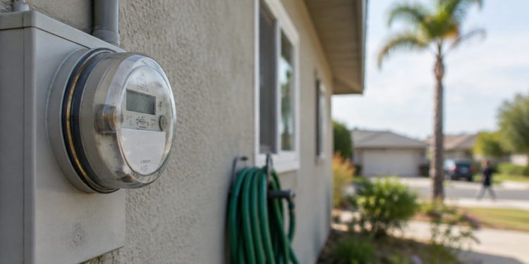 Close-up of a residential electric meter on a stucco wall of a single-story Los Angeles home, with a garden hose and palm tree softly blurred behind.