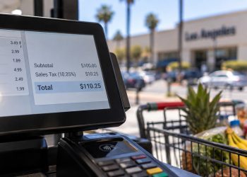 Close-up of a retail checkout terminal displaying a sales total, with a shopping cart and blurred Los Angeles County storefront in the background.