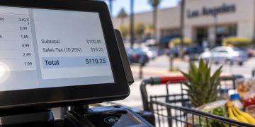 Close-up of a retail checkout terminal displaying a sales total, with a shopping cart and blurred Los Angeles County storefront in the background.