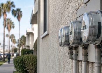 Close-up of a row of residential electric meters on a stucco wall in Los Angeles in neutral daylight, illustrating high LADWP summer bills.